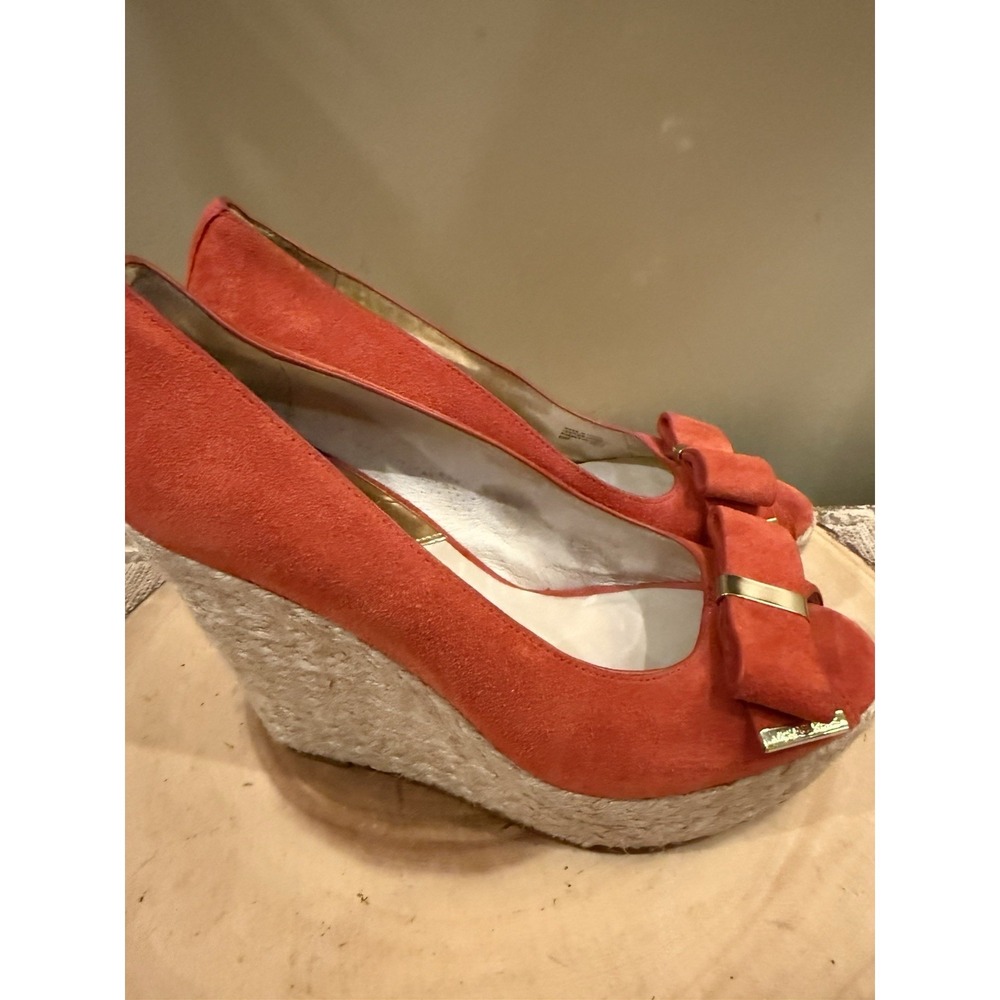 Michael Kors Bow Wedges Orange Slip On Espadrille Heels Size 8.5M Peep Toe Shoes - Picture 2 of 10